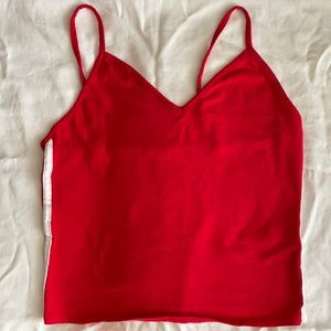 Heart and Hips - one size V-strap top. Red with white stripes on each side.